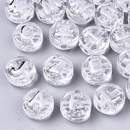 Transparent Clear Acrylic Beads, with Glitter Powder, Horizontal Hole, Flat Round with Random Letters, Silver, 10x6mm, Hole: 2mm, about 1560pcs/500g(TACR-S150-02B-04)