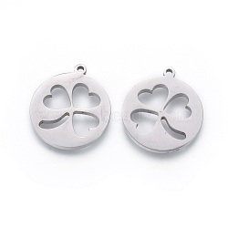 201 Stainless Steel Pendants, Manual Polishing, Flat Round with Clover, Stainless Steel Color, 18x16x1.5mm, Hole: 1.2mm(STAS-F231-062P)