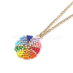 Rainbow Color Japanese Seed Braided Flower Pendant Necklace with 304 Stainless Steel Chains for Women, Colorful, 15.94 inch(40.5cm)(NJEW-MZ00004)