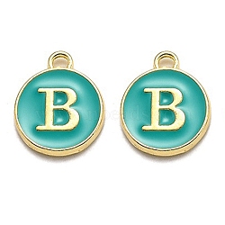 Golden Plated Alloy Enamel Charms, Enamelled Sequins, Flat Round with Alphabet, Letter.B, Green, 14x12x2mm, Hole: 1.5mm(ENAM-Q437-15B)