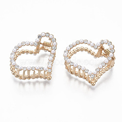 Alloy Claw Hair Clips, with ABS Plastic Imitation Pearl & Crystal Rhinestone, Heart, Light Gold, White, 36.5x45x31mm(PHAR-T001-11LG)