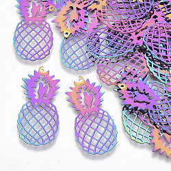 Ion Plating(IP) 201 Stainless Steel Filigree Pendants, Etched Metal Embellishments, Pineapple, Rainbow Color, 35.5x16x0.3mm, Hole: 1mm(X-STAS-R102-05)
