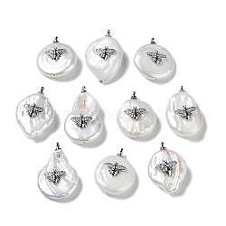 Natural Cultured Freshwater Pearl Pendants, with Brass Cubic Zirconia Cabochons, Long-Lasting Plated, Nuggets with Bees, Real Platinum Plated, 11.5~18x15.5~23x5~8mm, Hole: 1.4mm(PEAR-F008-37P)
