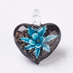 Handmade Lampwork Pendants, Inner Flower, Heart, Light Blue, 38x33x16mm, Hole: 6x6mm(LAMP-F009-09E)