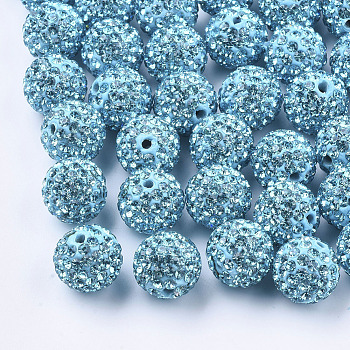 Handmade Polymer Clay Rhinestone Beads, Round, Pave Disco Ball Beads, Aquamarine, PP13(1.9~2mm), 7 rows rhinestone, 11.5~12mm, Hole: 1.4mm