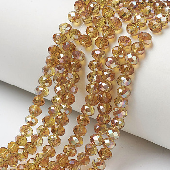 Electroplate Glass Beads Strands, Half Plated, Rainbow Plated, Faceted, Rondelle, Goldenrod, 4x3mm, Hole: 0.4mm, about 123~127pcs/strand, 16.5~16.9 inch(42~43cm)