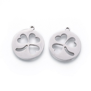 201 Stainless Steel Pendants, Manual Polishing, Flat Round with Clover, Stainless Steel Color, 18x16x1.5mm, Hole: 1.2mm