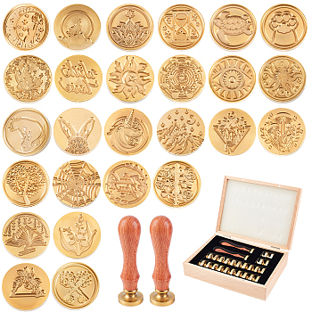 DIY Scrapbook, with Wooden Wax Seal Stamp Boxes, Pear Wood Handle, Brass Stamp Heads, Golden, 28pcs/set
