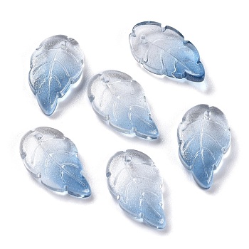 Baking Paint Glass Pendants, Two Tone, with Glitter Gold Powder, Leaf, Steel Blue, 17.5x10x2.9mm, Hole: 1.2mm