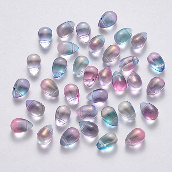 Transparent Spray Painted Glass Charms, with Glitter Powder, Teardrop, Plum, 9x6x6mm, Hole: 1mm