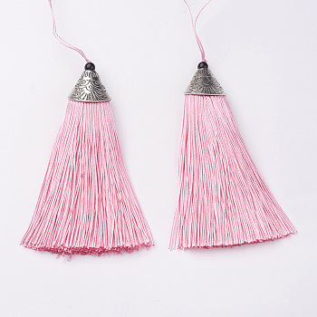 Nylon Tassels Big Pendant Decorations, with CCB Plastic, Antique Silver, Pink, 85x20x10.5mm