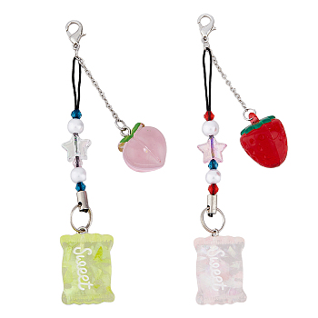 Candy Resin Pendant Decoration, Strawberry and Peach Charm, with Zinc Alloy Lobster Claw Clasps, Mixed Color, 105~110mm, 2pcs/set