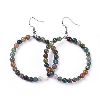 Natural Moss Agate Dangle Earrings, with Stainless Steel Hook, Ring, 60~61x44mm, Pin: 0.6mm