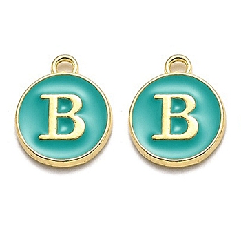 Golden Plated Alloy Enamel Charms, Enamelled Sequins, Flat Round with Alphabet, Letter.B, Green, 14x12x2mm, Hole: 1.5mm