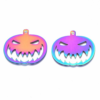 201 Stainless Steel Stamping Blank Tag Pendants, Ion Plating(IP), Halloween Pumpkin Jack O Lantern, Rainbow Color, 32.5x35x0.3mm, Hole: 2mm