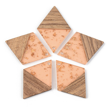Transparent Resin & Walnut Wood Pendants, with Gold Foil, Rhombus, Dark Salmon, 34x24x3mm, Hole: 2mm