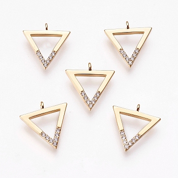 Brass Micro Pave Cubic Zirconia Charms, Triangle, Clear, Nickel Free, Real 18K Gold Plated, 12.5x12x1.5mm, Hole: 1mm
