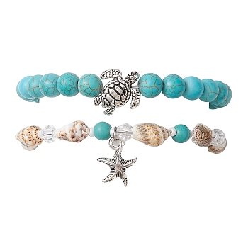 2Pcs 2 Style Synthetic Turquoise & Glass & Shell Stretch Bracelets with Tortoise, Stackable Bracelets with Alloy Starfish Charms, 7-1/4 inch(18.5cm), 1Pc/style
