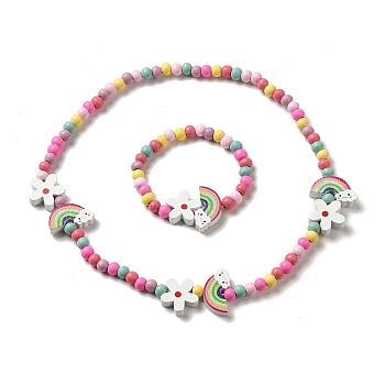 Maple Wood & Acrylic Jewelry Set, Beaded Necklace & Stretch Bracelet for Kids, Rainbow, Bracelet: Inner Diameter: 1-5/8 inch(4.1cm), Necklace: 15-7/8 inch(40.4cm)
