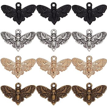 80Pcs 4 Colors Tibetan Style Alloy Pendants, Butterfly with Skull Charm, Mixed Color, 13.5x20x2mm, Hole: 1.4mm, 20pcs/color