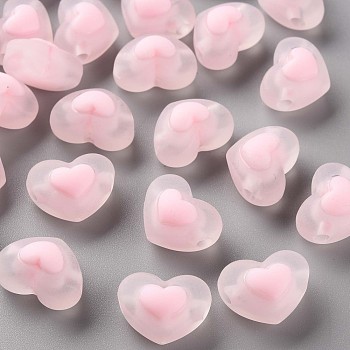 Transparent Acrylic Beads, Frosted, Bead in Bead, Heart, Pink, 13x17x9.5mm, Hole: 2.5mm