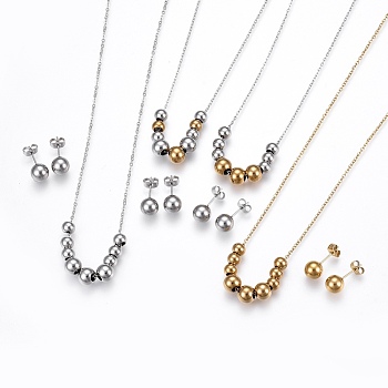 304 Stainless Steel Graduated Beaded Jewelry Sets, Necklaces and Stud Earrings, Round, Golden & Stainless Steel Color, 17.7 inch(45cm), 19x8mm, Pin: 0.7mm