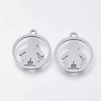 201 Stainless Steel Pendants, Laser Cut Pendants, Flat Round with Boy, Stainless Steel Color, 17x15x1mm, Hole: 1.4mm