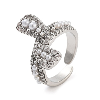 Rack Plating Brass Micro Pave Cubic Zirconia Bowknot Open Cuff Rings for Women, with Plastic Imitation Pearl, Long-Lasting Plated, Cadmium Free & Lead Free, Platinum, 19.5mm, Adjustable