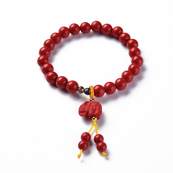 Elephant Cinnabar Mala Bead Bracelets, Buddhist Jewelry, Stretch Bracelets, Red, Inner Diameter: 2-1/8 inch(5.5cm)