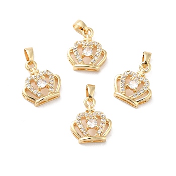 Rack Plating Brass Micro Pave Clear Cubic Zirconia Pendants, Long-Lasting Plated, Lead Free & Cadmium Free, Crown, Golden, 15x13x5mm, Hole: 3x5mm