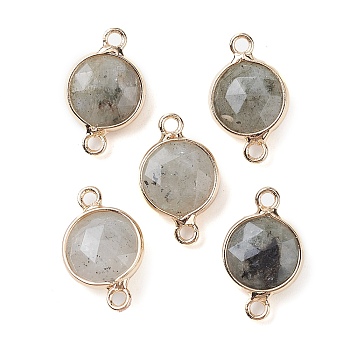 Natural Labradorite Connector Charms, Faceted Flat Round with Golden Plated Brass Frame, 16.5x10.5x5mm, Hole: 1.5mm