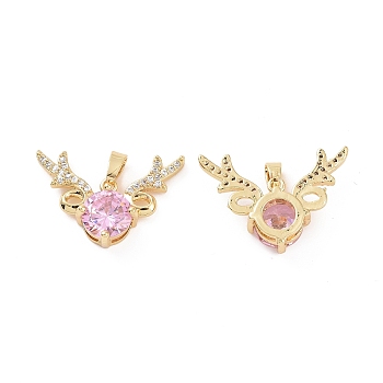 Brass Micro Pave Cubic Zirconia Christmas Deer Pendants, Real 18K Gold Plated, Pink, 16x24x6mm, Hole: 5x2.5mm