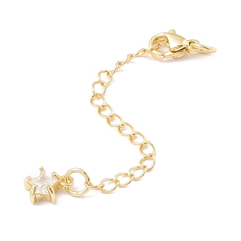 Brass Micro Pave Cubic Zirconia Chain Extender, with Stainless Steel Lobster Claw Clasps and Star Charm, Long-Lasting Plated, Golden, 76x3mm, Hole: 3mm
