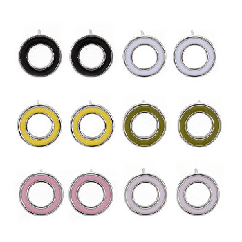 Brass with Enamel Stud Earring Findings, with Loop, Nickel Free, Flat Round, Platinum, Mixed Color, 12mm, Hole: 0.9mm, Pin: 0.6mm