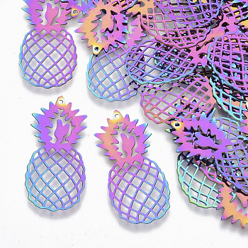 Ion Plating(IP) 201 Stainless Steel Filigree Pendants, Etched Metal Embellishments, Pineapple, Rainbow Color, 35.5x16x0.3mm, Hole: 1mm