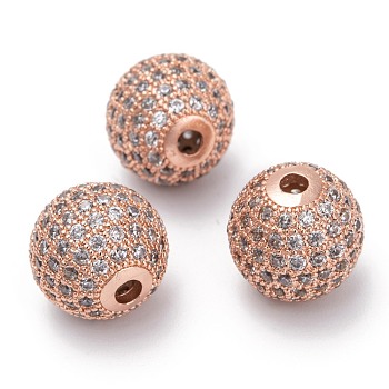 Brass Cubic Zirconia Beads, Round, Rose Gold, 12mm, Hole: 2mm