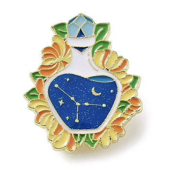 Flower Holy Vase Cancer Enamel Pins, Golden Zinc Alloy Brooch for Backpack Clothes, Constellation Theme Badge for Women, Blue, 32x26mm