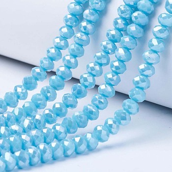 Electroplate Glass Beads Strands, Opaque Solid Color, AB Color Plated, Faceted, Rondelle, Deep Sky Blue, 10x8mm, Hole: 1mm, about 65~66pcs/strand, 20.8~21.2 inch(53~54cm)