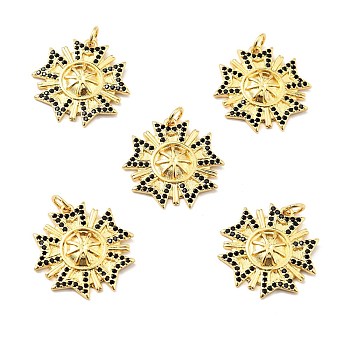 Brass Micro Pave Cubic Zirconia Pendants, with Jump Ring, Real 18K Gold Plated, Long-Lasting Plated, Lead Free & Cadmium Free & Nickel Free, Flower, Black, 22x22x2.5mm, Jump Ring: 5x1mm, 3mm Inner Diameter