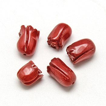 Synthetic Coral Beads, Half Drilled Beads, Dyed, Flower, Red, 8~11x6~8mm, Half Hole: 0.5mm