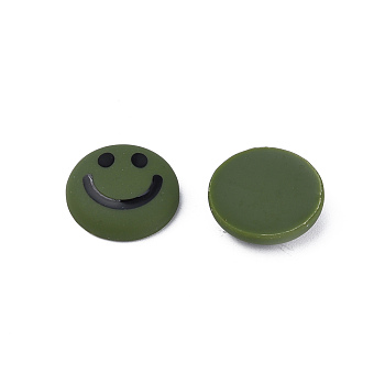 Acrylic Enamel Cabochons, Flat Round with Smiling Face Pattern, Dark Olive Green, 20x6.5mm