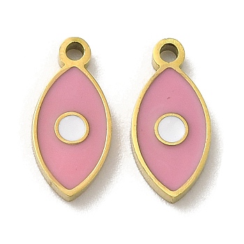Ion Plating(IP) 316L Surgical Stainless Steel Pendants, with Enamel, Real 18K Gold Plated, Evil Eye Charm, Pink, 10.5x5x1.5mm, Hole: 1mm
