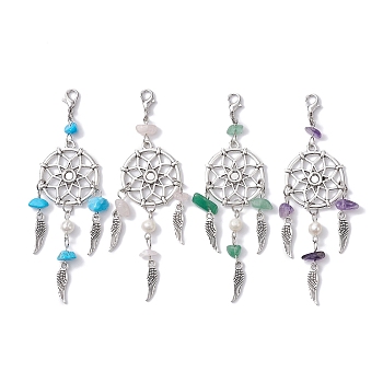 Woven Web/Net with Wing Alloy Pendant Decorations, with Gemstone Chips and Alloy Lobster Claw Clasps, 100mm