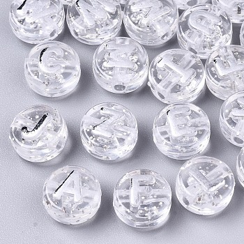 Transparent Clear Acrylic Beads, with Glitter Powder, Horizontal Hole, Flat Round with Random Letters, Silver, 10x6mm, Hole: 2mm, about 1560pcs/500g