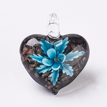 Handmade Lampwork Pendants, Inner Flower, Heart, Light Blue, 38x33x16mm, Hole: 6x6mm