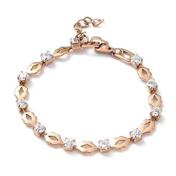 Crystal Cubic Zirconia Tennis Bracelet, Ion Plating(IP) 304 Stainless Steel Lip Link Chains Bracelet for Women, Rose Gold, 7-1/8 inch(18.2cm)