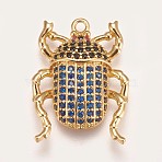 Brass Micro Pave Cubic Zirconia Pendants, Beetle, Blue, Golden, 22.5x16.5x4mm, Hole: 1.5mm(X-ZIRC-K078-04G)