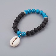 Cowrie Shell Charm Stretch Bracelets, with Synthetic Turquoise(Dyed) & Lava Rock Beads and Tibetan Style Alloy Spacers Beads, 2-1/4 inch(5.6cm)(BJEW-JB04088-05)