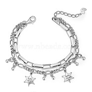 SHEGRACE Rhodium Plated 925 Sterling Silver Multi-Strand Bracelets, with Figaro Chains and Round Beads, Star with Word Safe in My Heart, Platinum, 6-1/4 inch(16cm)(JB683A)