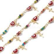 Enamel Heart with Evil Eye Link Chains, with Glass Beaded and Brass Cross Charms, Real 18K Gold Plated, Soldered, Long-Lasting Plated, with Spools, Red, 10x5x3.5mm, 14x3mm(CHC-C003-25G-01)